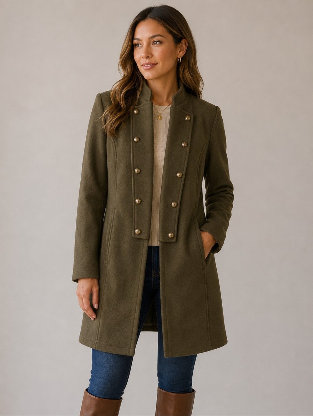 Tommy Hilfiger Long Emblem-Button Band Jacket Olive Fleece XL